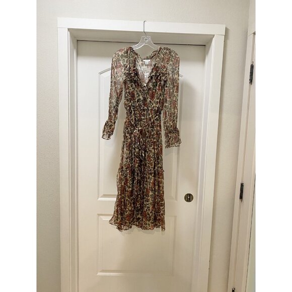 Sundance Litzy Bloom Dress Womens XXS Floral Ruffle Long Sleeve Boho Midi Sheer - Picture 2 of 6